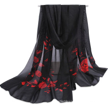 2017 New arrival fashion printed floral roses pattern women plain chiffon long scarf shawl turkish chiffon hijab